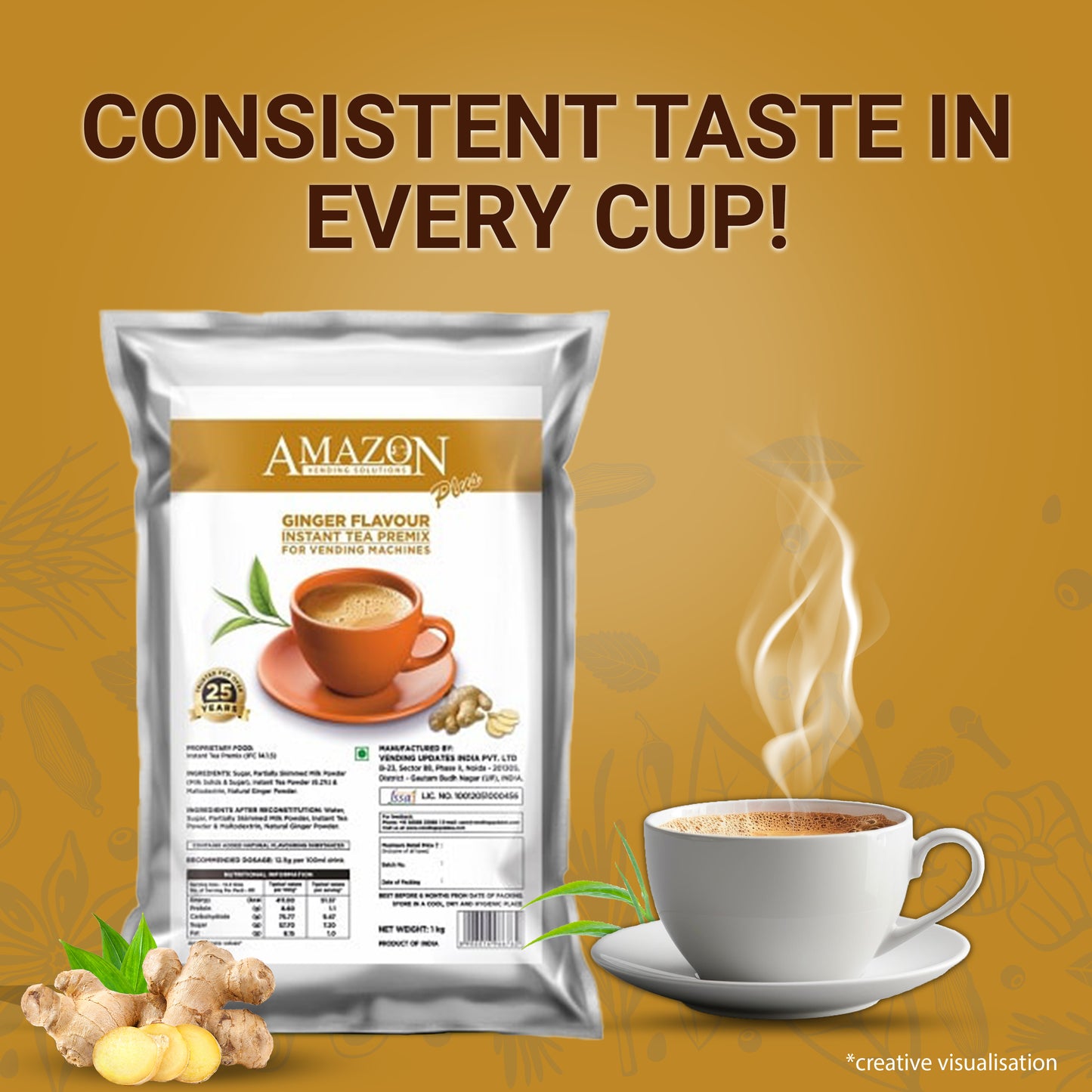 AMAZON Plus Instant Tea Premix | Ginger Flavour | Premix Powder for Vending Machines