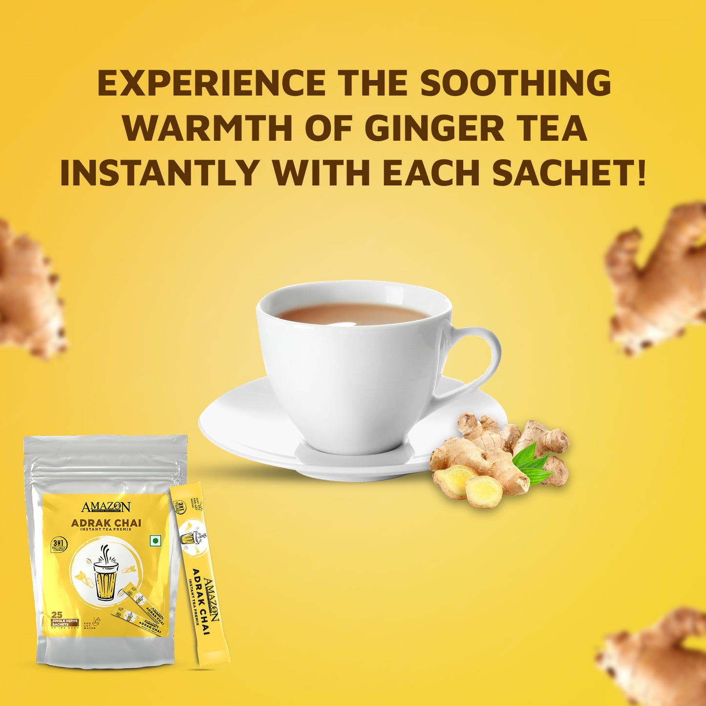 AMAZON 3 in 1 Instant Ginger Tea Premix | 25 Sachets X 16 Grams Pouch Pack